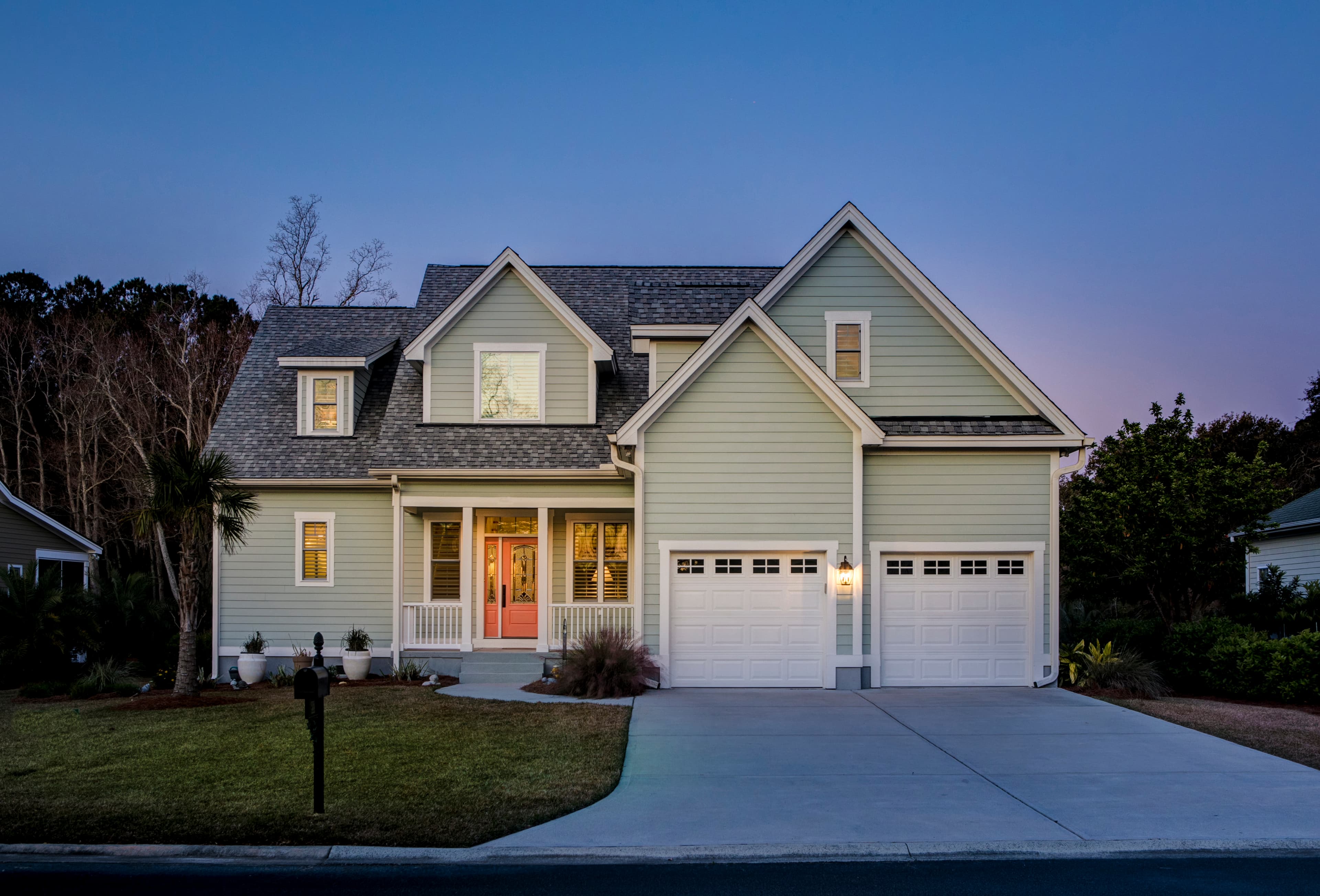 Beautiful home exterior at twilight